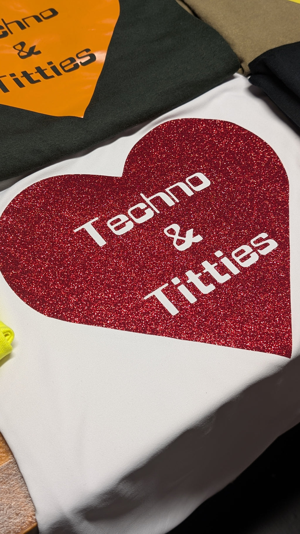 Techno & Titties Bodysuit - white with red glitter heart