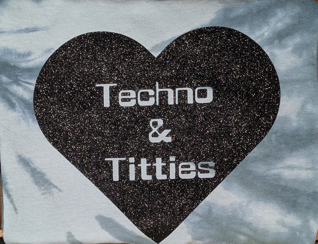 Techno & Titties T-shirt - teal tie-dye and glitter black