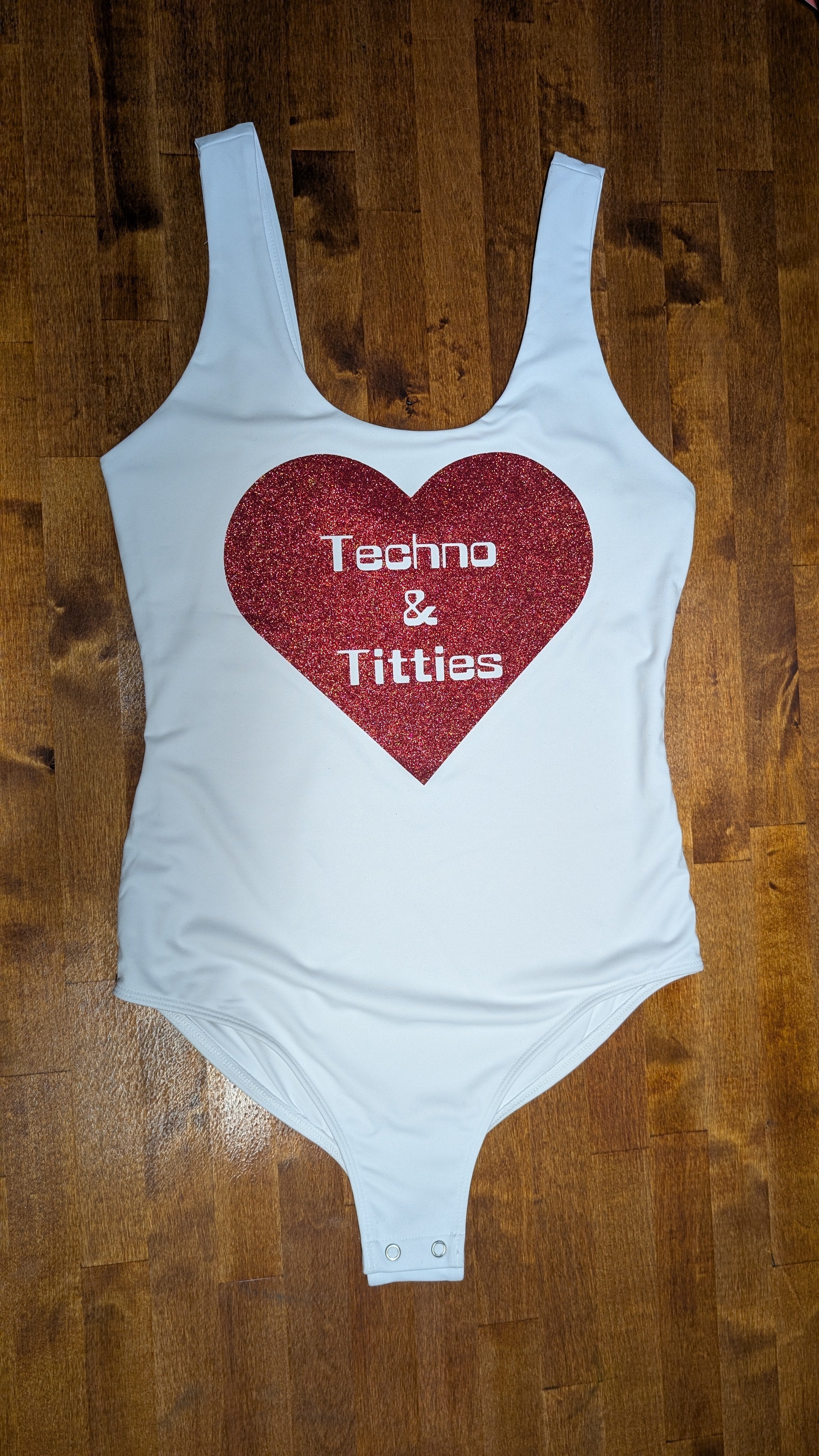 Techno & Titties Bodysuit - white with red glitter heart