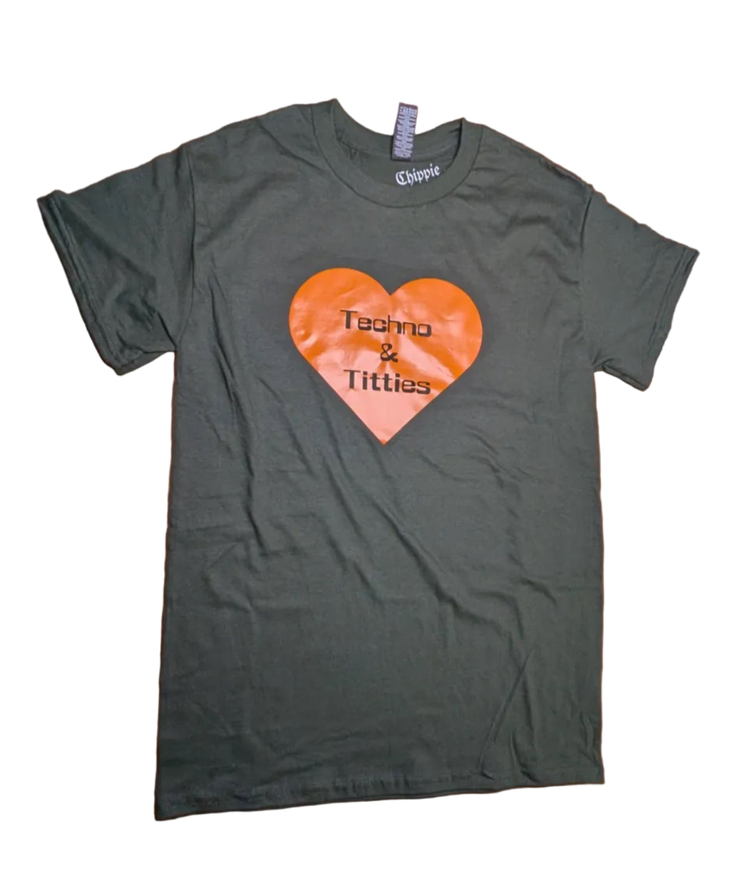 Techno & Titties T-shirt - forest green with orange