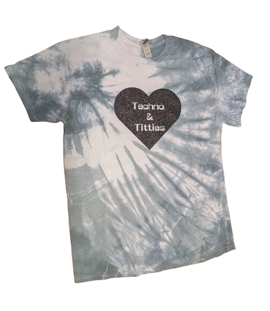 Techno & Titties T-shirt - teal tie-dye and glitter black