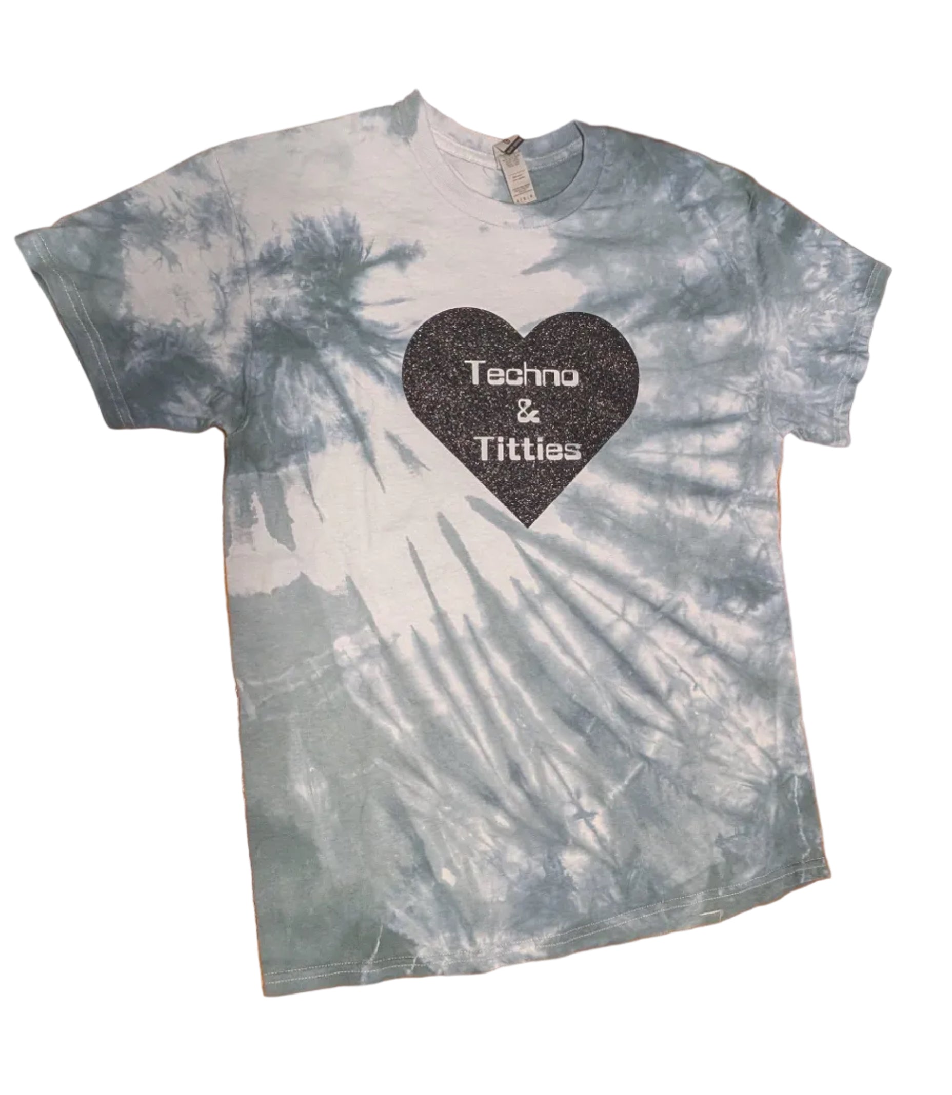 Techno & Titties T-shirt - teal tie-dye and glitter black