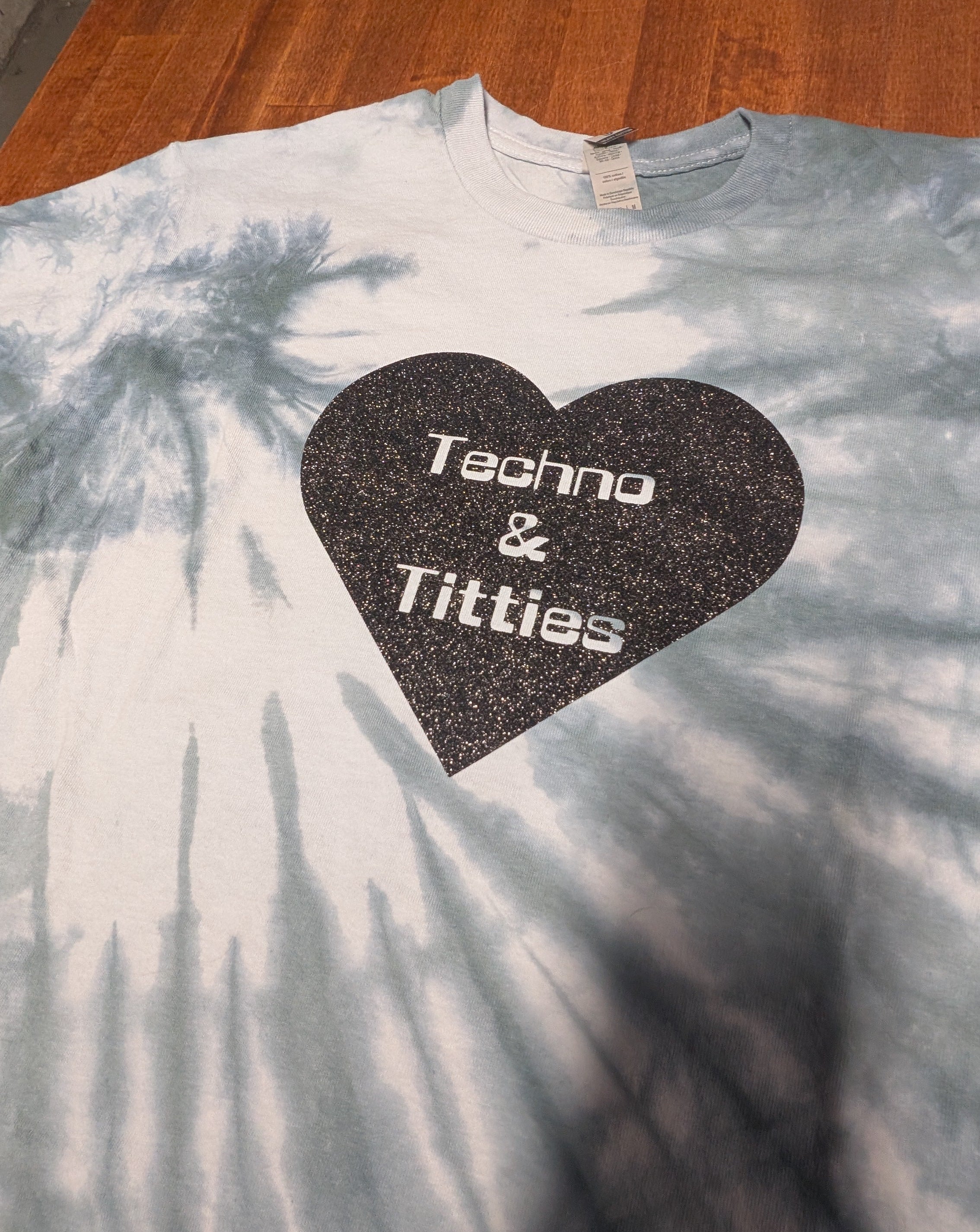 Techno & Titties T-shirt - teal tie-dye and glitter black