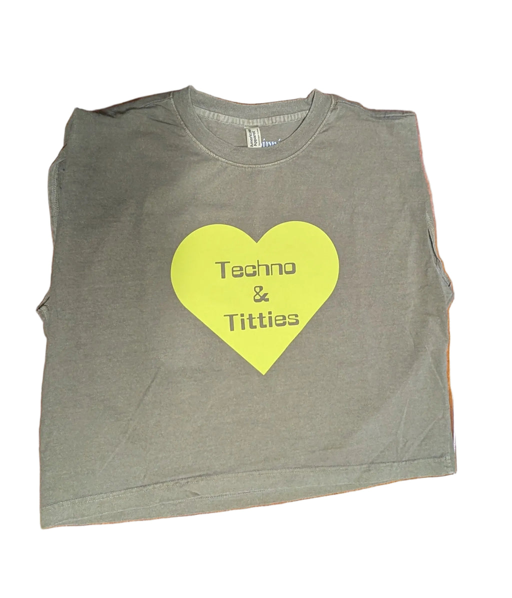 Techno & Titties T-shirt - green box top with yellow
